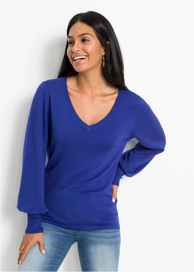 Pull en fine maille de viscose mélangée, Couleur: bleu foncé