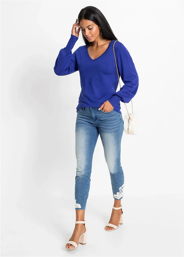 Fijngebreide trui met viscose, Kleur: saffierblauw