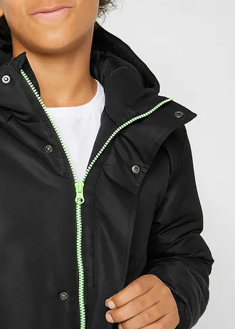 Parka d’hiver à capuche et détails sportifs • noir imprimé • Boutique bonprix