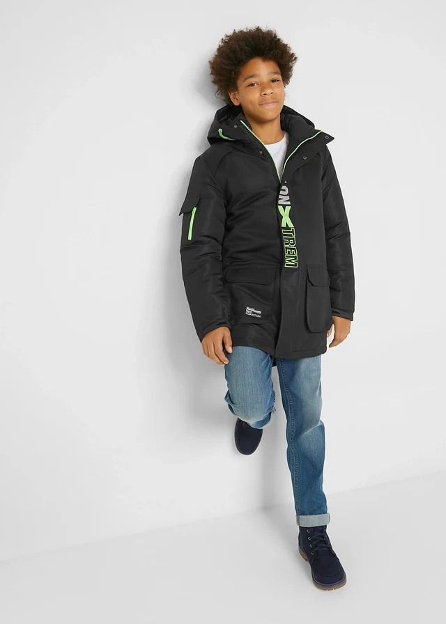 Parka d’hiver à capuche et détails sportifs, Couleur: noir imprimé