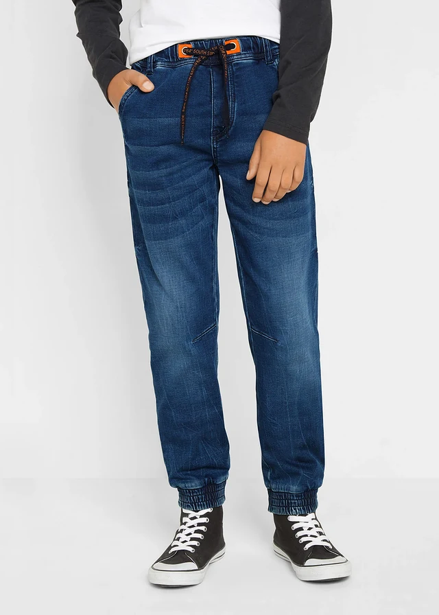 Jean à taille élastiquée en denim sweat, regular et fuselé, Couleur: bleu denim