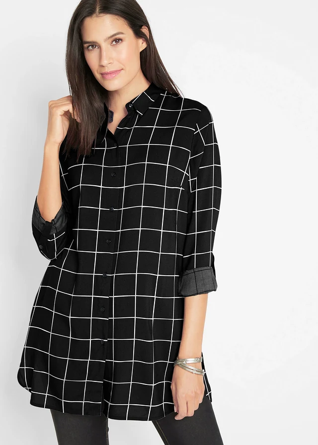 Geruite, lange blouse met zakken, Kleur: zwart-wolwit geruit