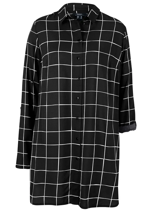 Bluză cadrilată lungă, cu buzunare • negru/ecru cadrilat • magazin bonprix