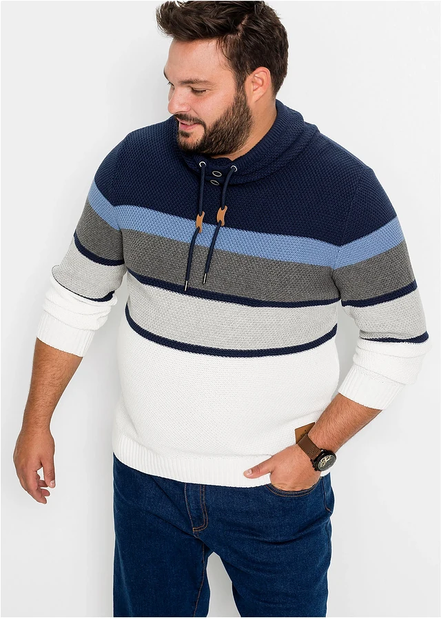 Pull en grosse maille à col tube 100% coton, Couleur: bleu foncé-écru rayé