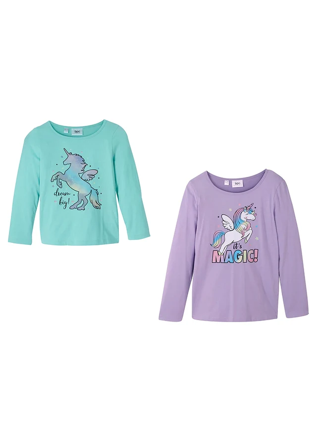 Lot de 2 T-shirts manches longues fille 100% coton • lilas + bleu lagon pastel • product-page.page-title-suffix