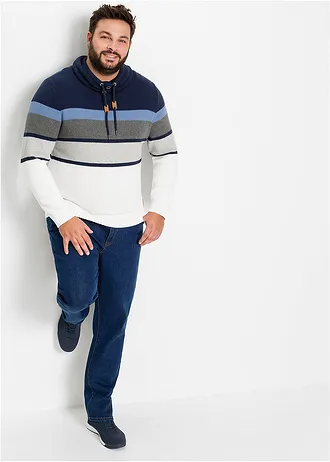 Pull en grosse maille à col tube 100% coton, Couleur: bleu foncé-écru rayé