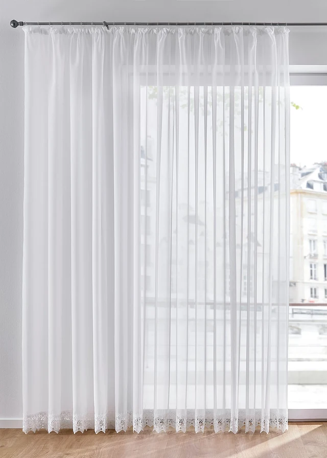 Vitrage met gehaakte boord, Kleur: wit