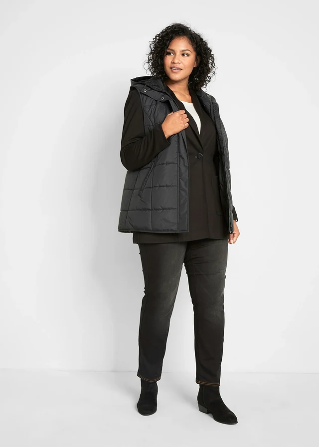 Jean droit taille mi-haute élastiquée, doublure chaude, Couleur: noir denim