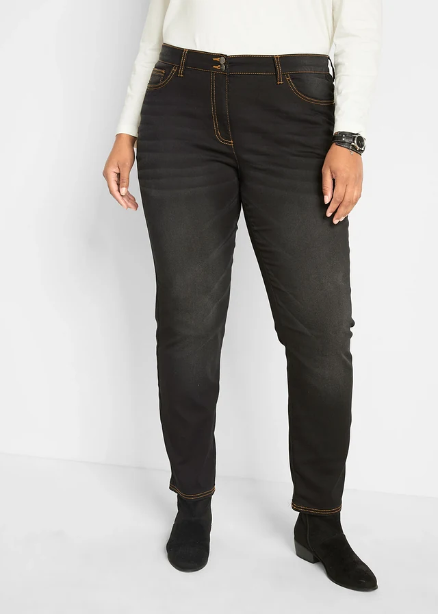 Jean droit taille mi-haute élastiquée, doublure chaude, Couleur: noir denim