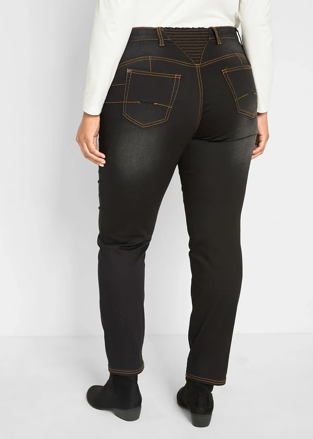Jean droit taille mi-haute élastiquée, doublure chaude, Couleur: noir denim