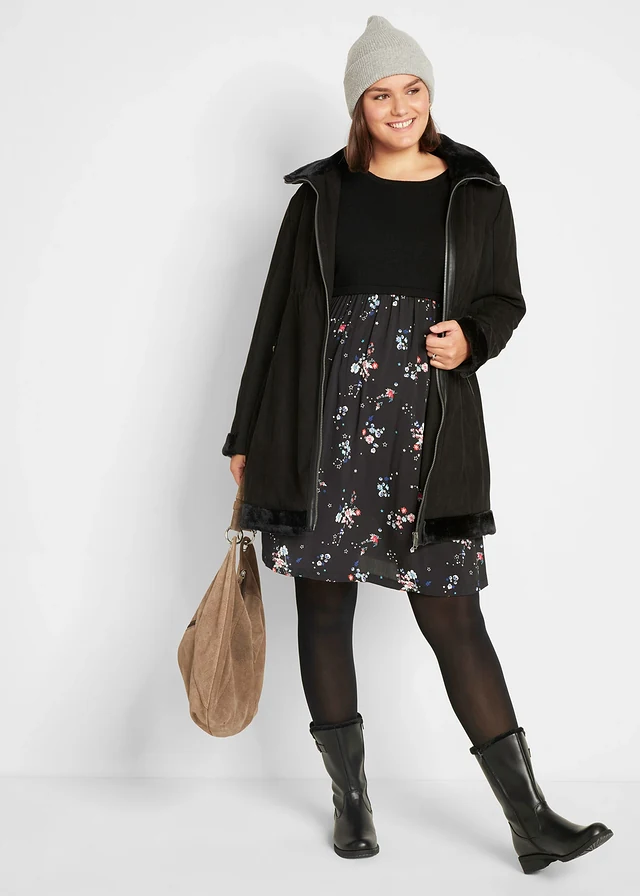 Robe de grossesse en maille et viscose, Couleur: noir à fleurs