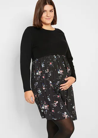 Zwangerschapsjurk van knitwear en viscose, Kleur: zwart gebloemd