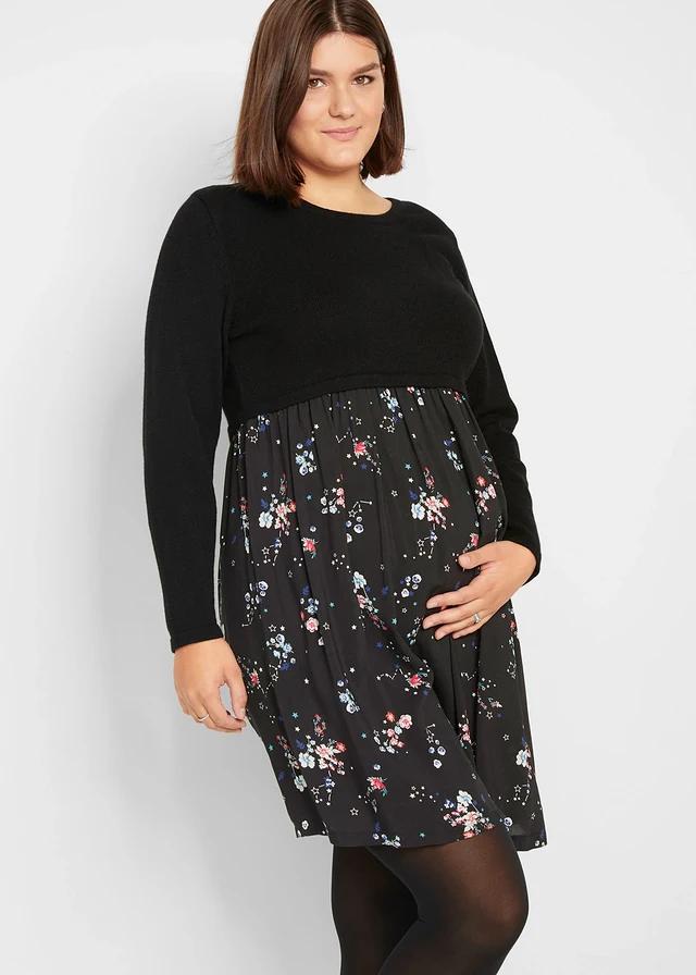 Robe de grossesse en maille et viscose, Couleur: noir à fleurs