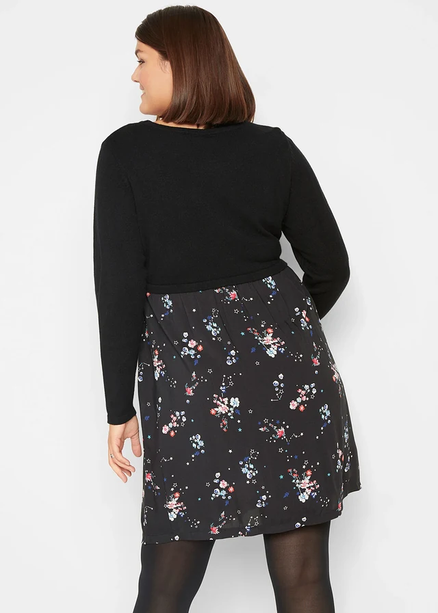 Robe de grossesse en maille et viscose, Couleur: noir à fleurs