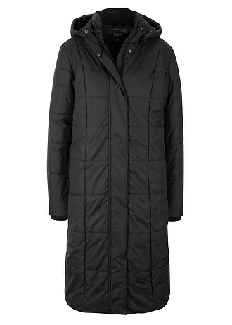 Lange gewatteerde jas met afneembare capuchon, Kleur: zwart