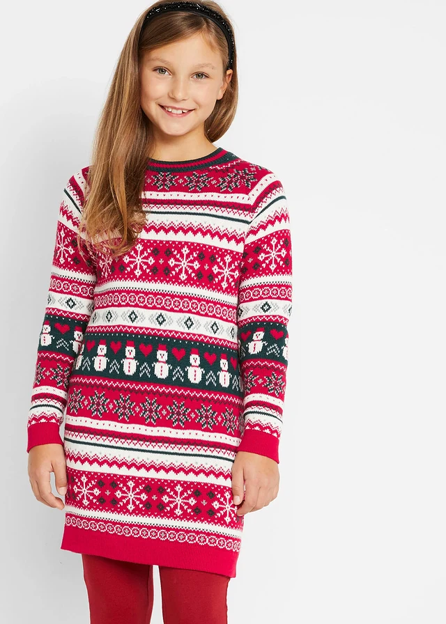 Robe en maille fille à motif hivernal, Couleur: rouge