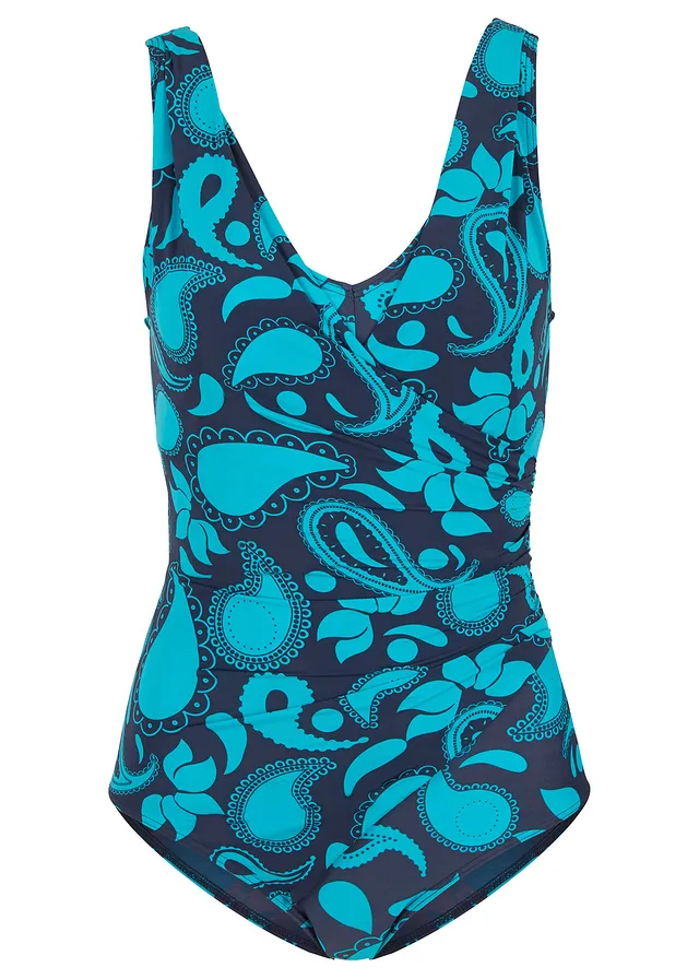 Jednodílné stahovací plavky se zavinovacím vzhledem, lehce tvarující efekt • modrá se vzorem • bonprix obchod