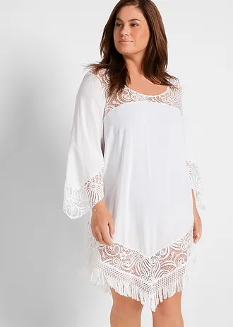 Tunică de plajă cu dantelă din viscoză, culoare: alb