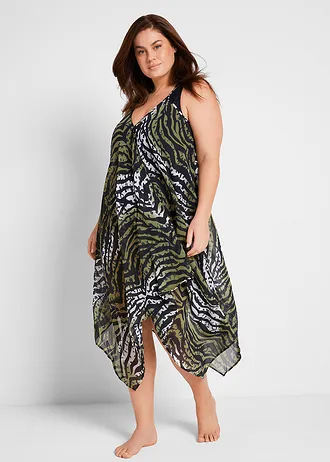 Robe de plage longue et transparente en mousseline légère, Couleur: vert olive zèbre