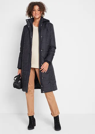 Lange gewatteerde jas met afneembare capuchon, Kleur: zwart