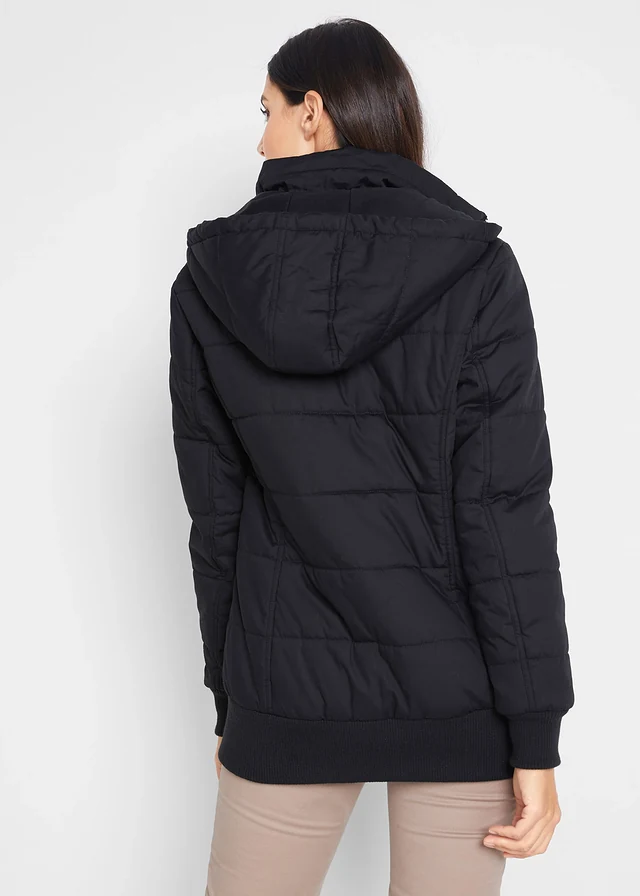 Outdoor jas met imitatieleren details, Kleur: zwart