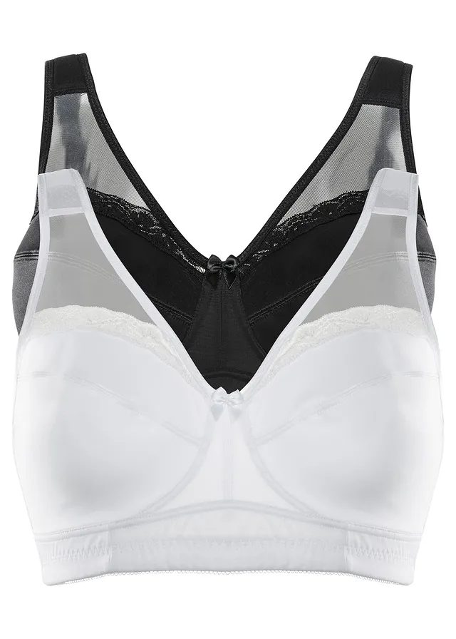 Lot de 2 soutiens-gorge grand maintien sans armatures, bretelles rembourrées, Couleur: blanc + noir
