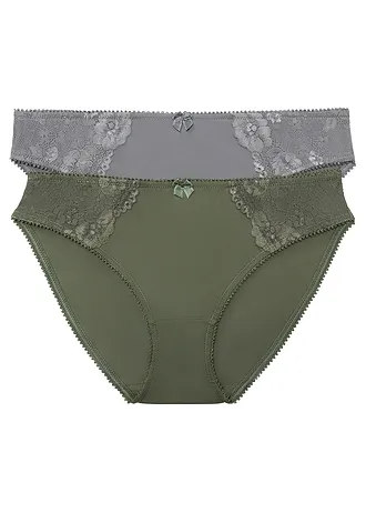 Lot de 2 slips avec dentelle, Couleur: olive + gris