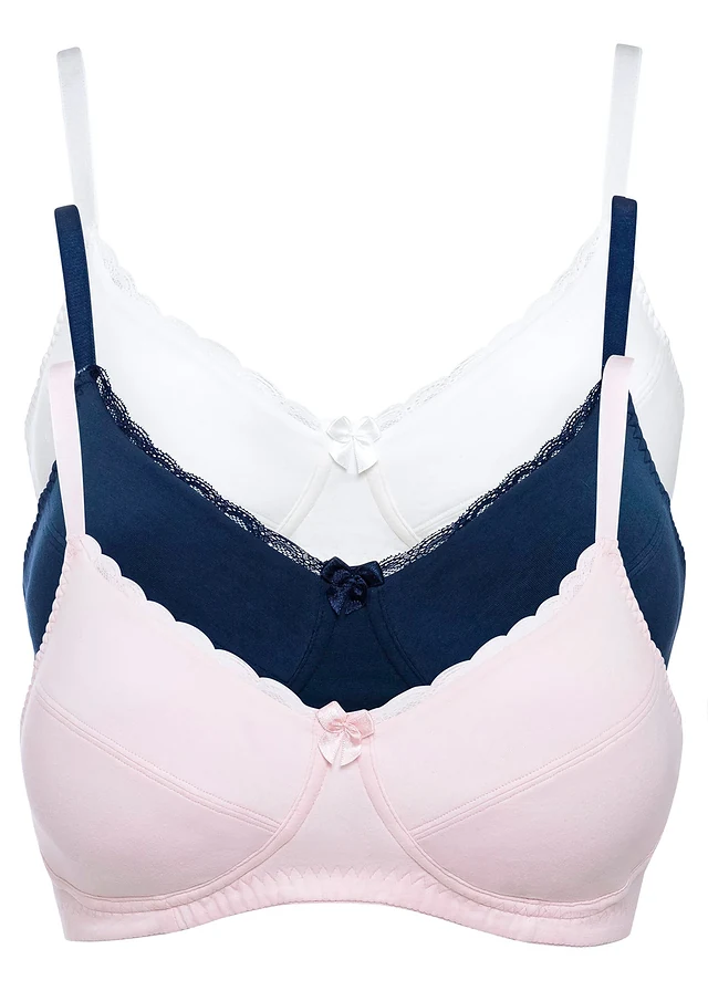 Lot de 3 soutiens-gorge coton sans armatures, Couleur: rose clair + bleu foncé + écru