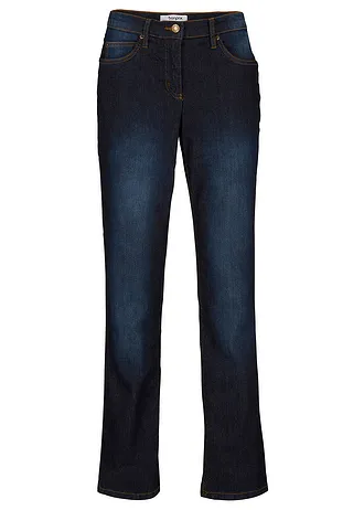 Jeansy ze stretchem, straight, mid waist, kolor: granatowy used