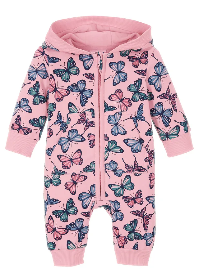 Baby sweat jumpsuit met capuchon van biologisch katoen • poudreroze • bonprix online shop