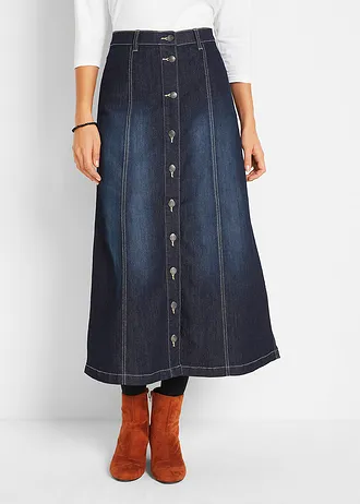 Pohodlná strečová džínová sukně, midi délka • tmavě modrá • bonprix obchod