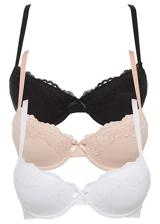 Voorgevormde beugel bh met gerecycled polyamide (set van 3), Kleur: zwart+wit+mat beige
