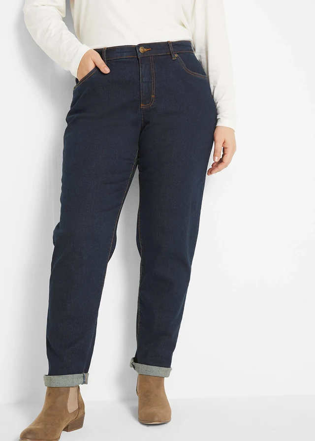 Mom jeans mid waist, long, Kleur: donkerblauw denim