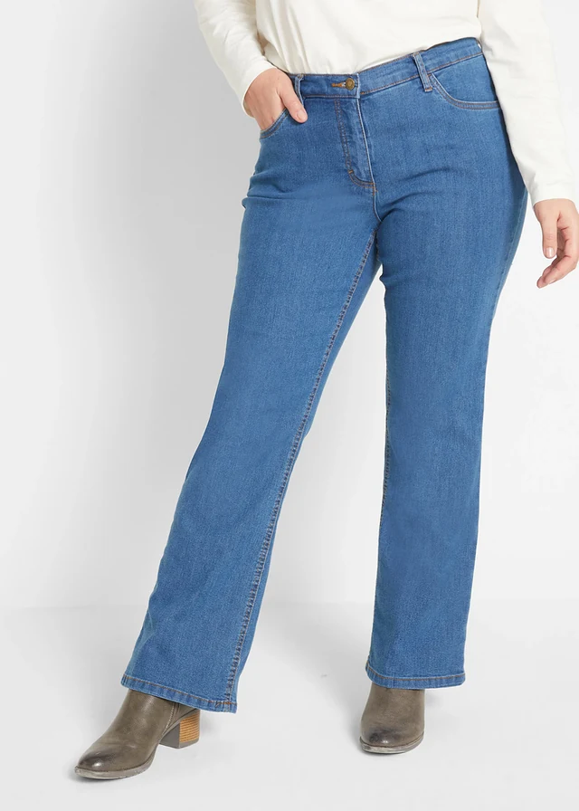 Jean bootcut taille mi-haute, extensible, Couleur: bleu
