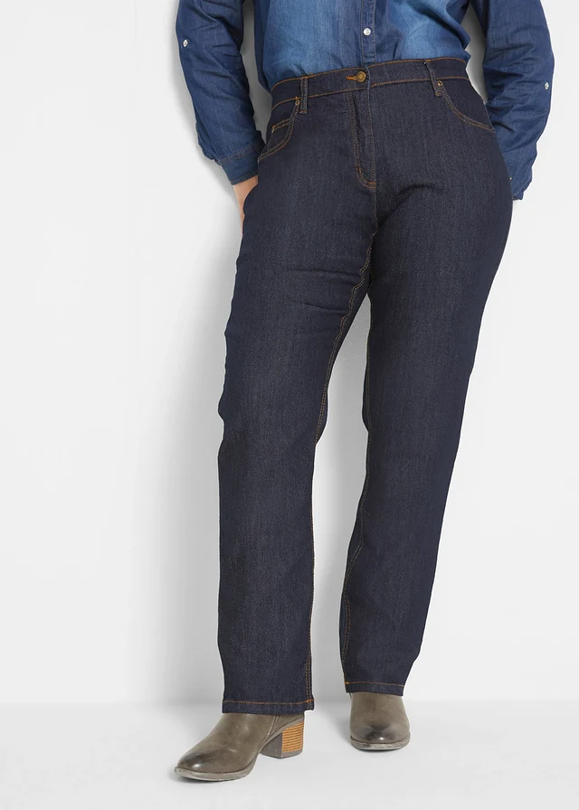 Jean droit taille mi-haute, extensible, Couleur: bleu foncé