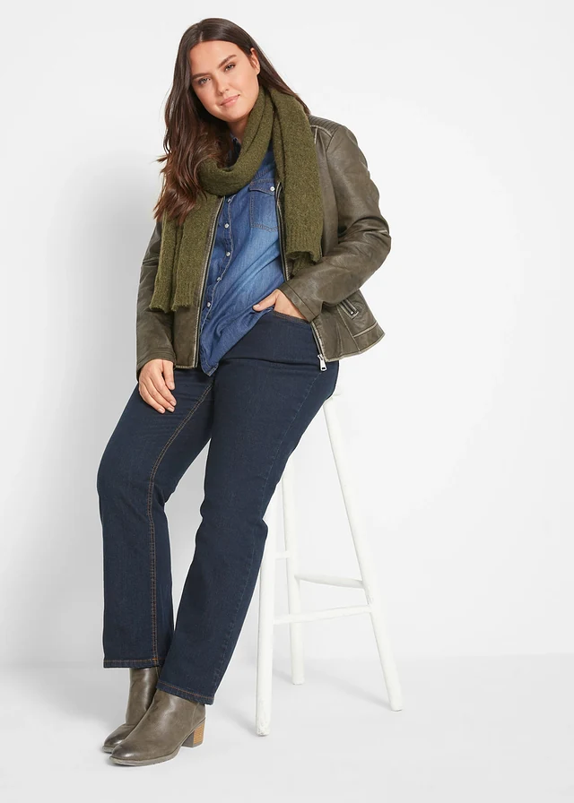 Jean droit taille mi-haute, extensible, Couleur: bleu foncé