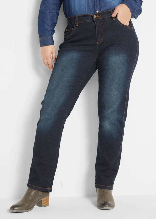 Jean droit taille mi-haute, extensible, Couleur: bleu foncé used