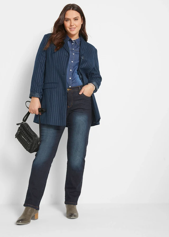 Jean droit taille mi-haute, extensible, Couleur: bleu foncé used