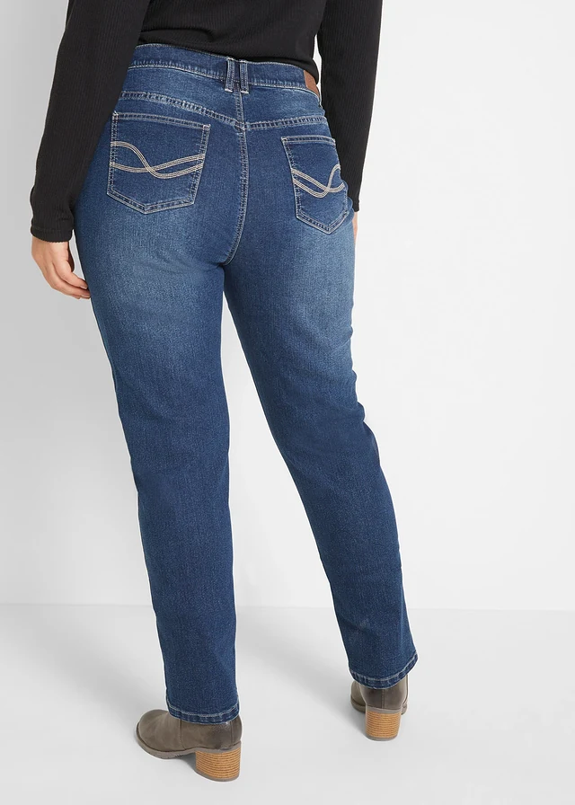 Jean droit taille mi-haute, extensible, Couleur: bleu foncé denim used