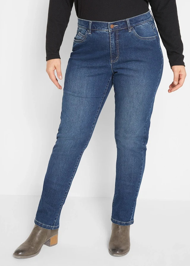 Stretch jeans mid waist, straight, Kleur: donkerblauw denim used