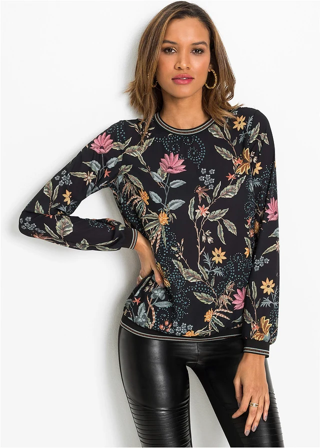 Blouse, Kleur: zwart gebloemd