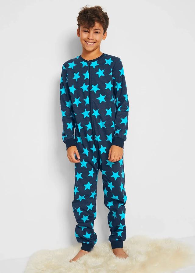 Pyjama onesie van biologisch katoen, Kleur: donkerblauw-turkoois