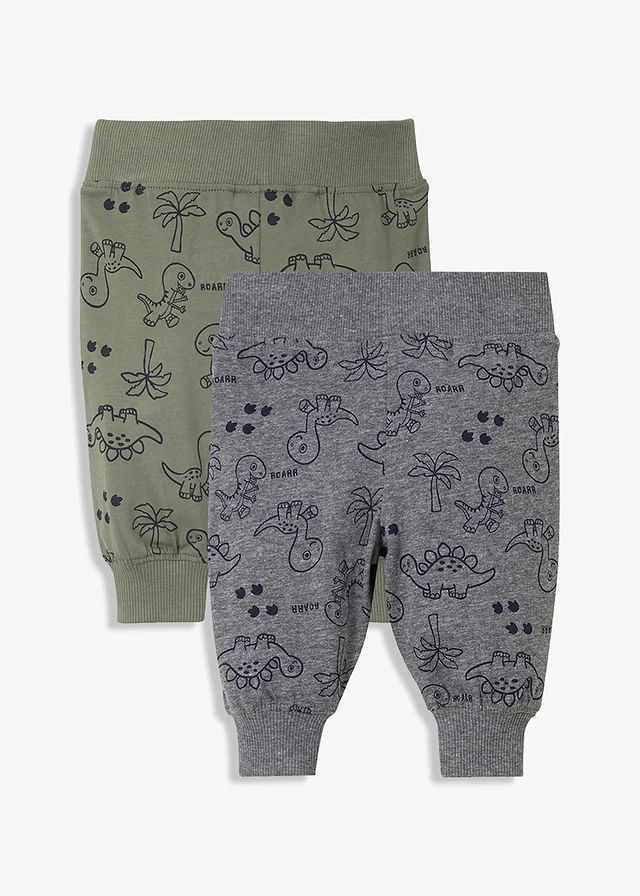 Lot de 2 pantalons bébé en coton, Couleur: olive + gris chiné imprimé