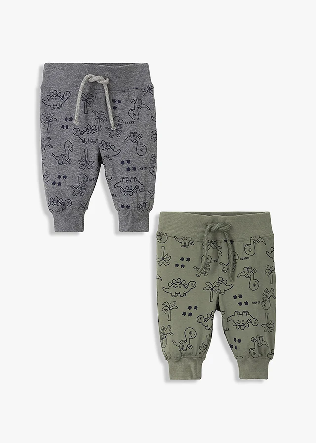Lot de 2 pantalons bébé en coton, Couleur: olive + gris chiné imprimé