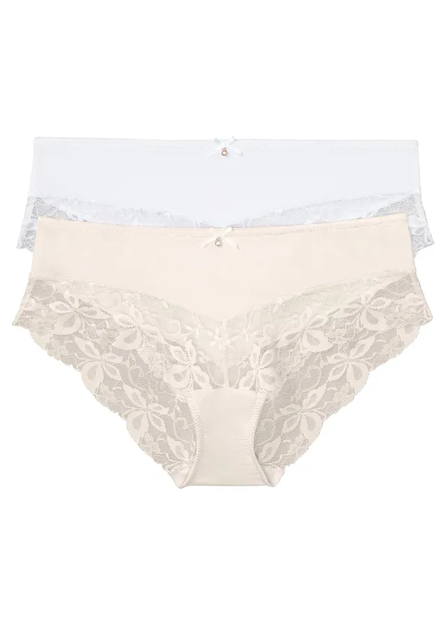 Figi panty z delikatną koronką (2 pary) • biały+szampański • sklep bonprix
