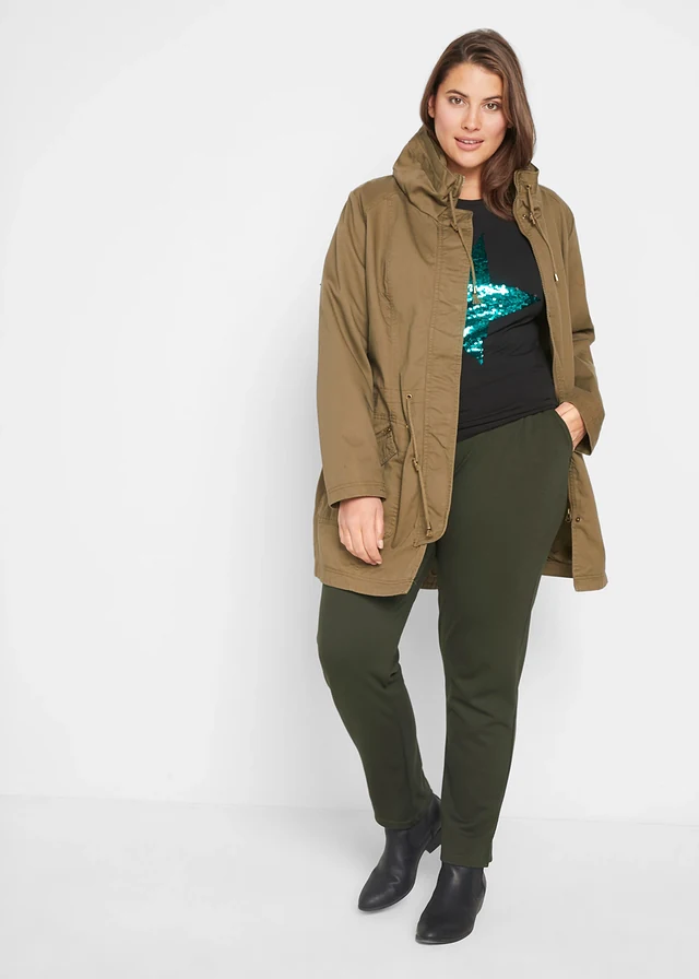 Korte katoenen parka met opstaande kraag, getailleerd, Kleur: kakigroen