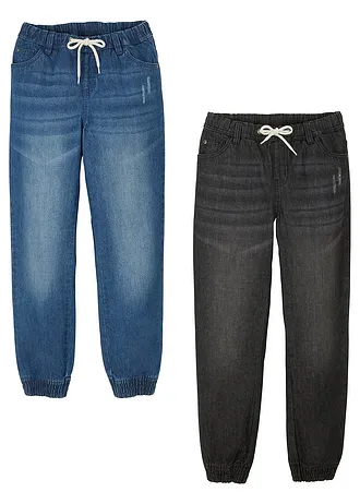 Džíny bez zapínání, Regular Fit, z bavlny (2 ks v balení) • modrý denim + černý denim • bonprix obchod