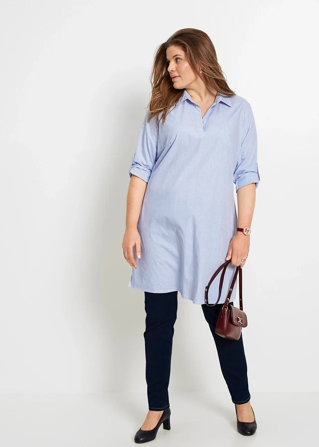 Robe-chemise 100% coton, Couleur: blanc/bleu nacré rayé
