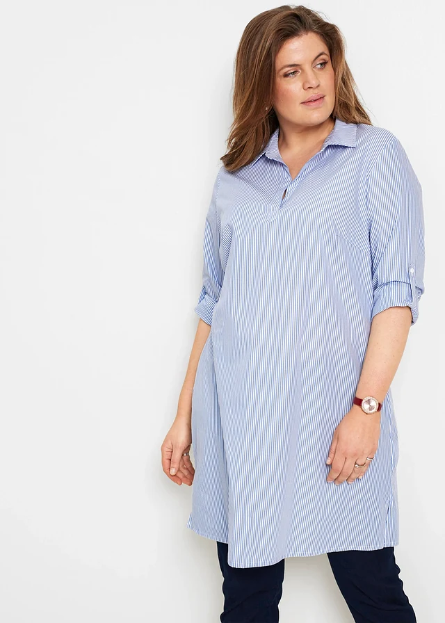Robe-chemise 100% coton, Couleur: blanc/bleu nacré rayé