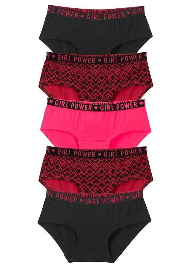 Lot de 5 shorties en coton doux et extensible, Couleur: rose hibiscus+noir